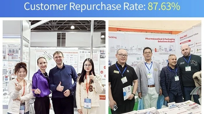 Rich Packing customer repurchase rate display with client photos at packaging machinery exhibitions
