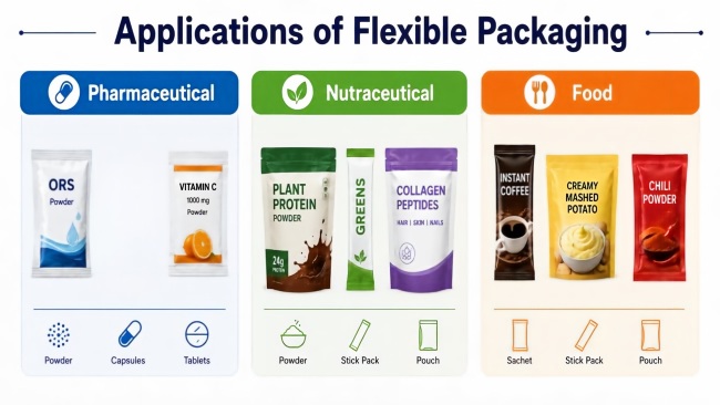 Flexible packaging applications across pharmaceutical, nutraceutical, and food industries