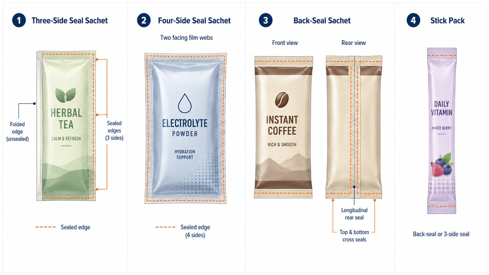Three-side seal four-side seal back-seal sachet and stick pack format comparison