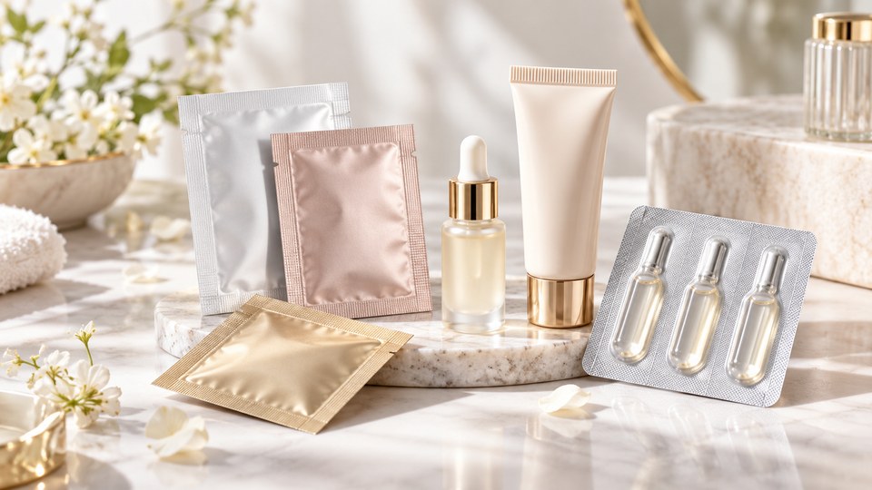 Cosmetic skincare samples in sachets tubes and aluminum plastic blister packaging