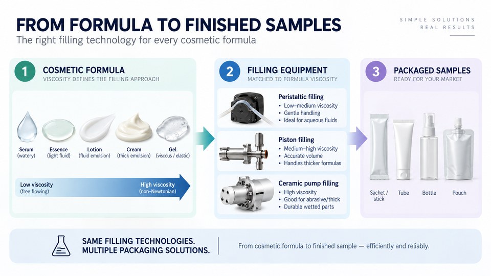 Cosmetic formula viscosity and filling system selection for serum lotion cream and gel