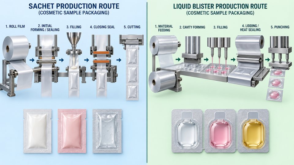 Sachet and liquid blister cosmetic sample packaging production process comparison