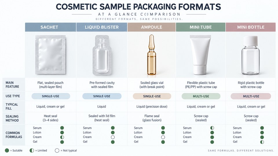 Cosmetic sample packaging formats including sachet liquid blister ampoule mini tube and mini bottle