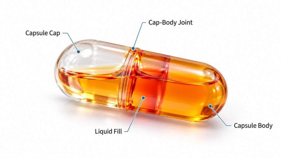 Structure of a liquid-filled hard capsule showing capsule cap body liquid fill and cap-body joint
