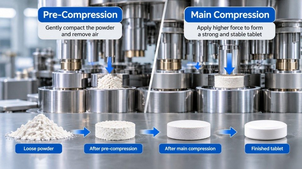 Comparison of pre-compression and main compression stages in pharmaceutical tablet production